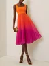 Orange Pleated Ombre Classic Square Neck Sleeveless A-Line Midi Dress