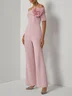 Women Pink 3D Floral Off The Shoulder Short Sleeve Dressy Jumpsuit