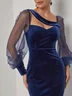 Purplish blue Split Joint Mesh Velvet Long Sleeve Balloon Sleeve Sheath Midi Dress