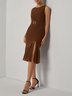 Brown Pleated Slit Classic Boat Neck Sleeveless Mermaid Midi Dress