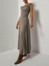 Khaki Lyocell Wool Ruched Knit Off The Shoulder Sleeveless A-Line Maxi Dress