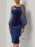 Purplish blue Split Joint Mesh Velvet Long Sleeve Balloon Sleeve Sheath Midi Dress