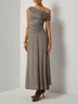 Khaki Lyocell Wool Ruched Knit Off The Shoulder Sleeveless A-Line Maxi Dress