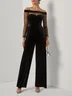 Women Velvet Black Mesh Off The Shoulder Long Sleeve Dressy Jumpsuit