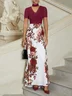 Wine Red Lace Floral Satin V Neck Short Sleeve A-Line Gown Dress