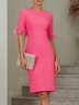 Rose Red Feather Classic Crew Neck Half Sleeve Sheath Midi Dress