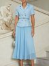 Women Light Blue Tweed Pleated Buckle Lapel Collar Short Sleeve Dressy Top With Skirt Two-Piece Set