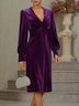 Purple Cross Velvet V Neck Long Sleeve Puff Sleeve Sheath Midi Dress