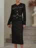 Women Black Tweed Beaded Crew Neck Long Sleeve Dressy Coat With Skirt Two-Piece Set