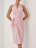 Pink Bow Cotton Halter Sleeveless Sheath Midi Dress