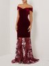 Wine Red Beaded Lace Velvet Off The Shoulder Short Sleeve Mermaid Gown Dress