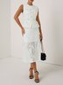 Women White Buckle Lace Crew Neck Sleeveless Dressy Top With Skirt Two-Piece Set