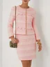 Women Light Pink Piping Buckle Crew Neck Long Sleeve Dressy Coat With Skirt Two-Piece Set