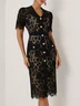 Black Buckle Lace Shawl Collar Short Sleeve Puff Sleeve Sheath Midi Dress