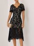Black Lace Edge Lace V Neck Short Sleeve Mermaid Midi Dress