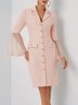 Light Pink Buckle Mesh Tweed Lapel Collar Long Sleeve Bell Sleeve Sheath Midi Dress