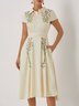 Apricot Embroidery Floral Classic Shirt Collar Cap Sleeve A-Line Midi Dress