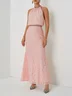 Pink Rhinestone Ruched Lace Crew Neck Sleeveless Mermaid Gown Dress