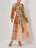 Pink Floral Ruched Chiffon Crew Neck Long Sleeve Puff Sleeve A-Line Maxi Dress