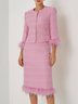 Women Rose Red Feather-trimmed Buckle Crew Neck Three Quarter Sleeve Dressy Coat With Skirt Two-Piece Set