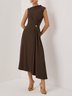 Brown Buckle Ruched Cotton Knit Asymmetrical Sleeveless A-Line Maxi Dress