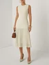 Beige Pleated Knit Crew Neck Sleeveless A-Line Midi Dress