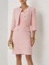 Women Pink Buckle Crew Neck Half Sleeve Dressy Dress With Coat Two-Piece Set