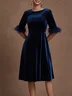 Purplish Blue Feather-trimmed Velvet Crew Neck Half Sleeve A-Line Midi Dress