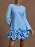 Light Blue 3D Floral Classic Crew Neck Long Sleeve Bell Sleeve Shift Mini Dress