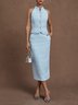 Women Blue Buckle Rhinestone Turtleneck Sleeveless Dressy Top With Skirt Two-Piece Set