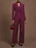 Women Wine Red Buckle Shoulder Pad Lapel Collar Long Sleeve Dressy Coat With Pants Two-Piece Set