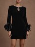 Black 3D Floral Rhinestone Velvet Crew Neck Long Sleeve Sheath Mini Dress