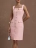 Pink Buckle Pocket Stitching Tweed Spaghetti Sleeveless Sheath Midi Dress