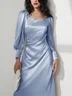 Blue Square Neck Long Sleeve A-Line Midi Dress