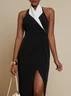 Black Halter Shawl Collar Slit Sheath Maxi Dress