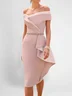 Pink Rheinstone Ruffled Off The Shoulder Sheath Midi Dress 