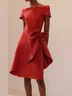 Red Bow Boat Neck Short Sleeve Knee Length Dress