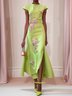 Green Floral Embroidered Cap Sleeve Slit Sheath  Maxi Dress