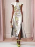 Silver Light Gray Floral Embroidered Cap Sleeve Slit A-Line Maxi Dress