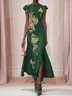 Dark Green Embroidery Crew Neck Cap Sleeve Maxi Dress