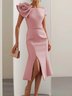 Pink Short Sleeve Regular Fit 3D Florals Urban Boat Neck Midi Summer Dress For Women