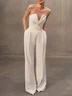 Women White Mesh Imitation Pearls Strapless Wide-Leg Jumpsuit