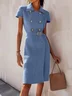 Blue Short Sleeve Knee-Length Shirt Dress