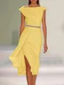 Pink Asymmetrical Neck Cap Sleeve Rhinestone A-Line Midi Dress 
