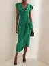 Green Cowl Neck Ruched Cap Sleeve Sheath Midi Dress