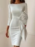 White Bow Boat Neck Three Quarter Sleeve Midi Dress