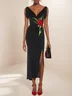 Black Floral Embroidered V Neck Sleeveless Slit Sheath Midi Dress