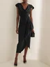 Black Cowl Neck Ruched Cap Sleeve Sheath Midi Dress
