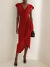 Red Cowl Neck Ruched Cap Sleeve Sheath Midi Dress