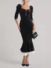 Velvet Black Lace Sweetheart Neckline Long Sleeve Knee Length Dress